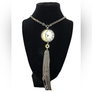 Necklace Silver Toned Chicos Clock Medallion Moon Sun Stars Chain Tassel Witchy
